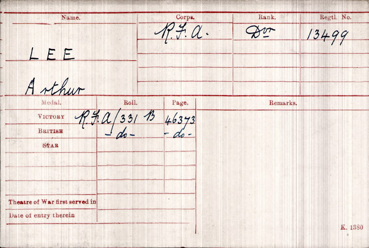  WW1 serviceman - Driver Arthur Lee, RFA, medal rolls index card